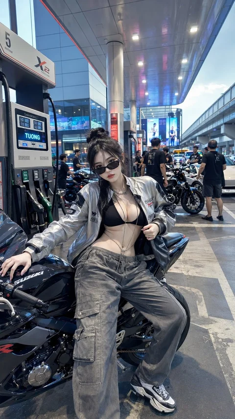 A woman in sunglasses, a silver jacket and dark trousers sits astride a motorcycle outside a modern building.