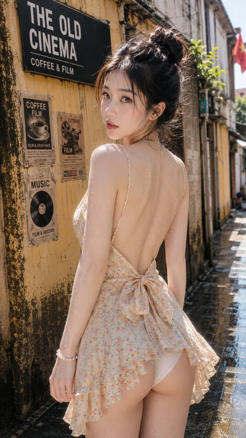A woman in a short, backless lace dress looks over her shoulder outside an old cinema entrance.
