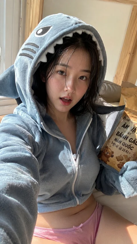 A shark-themed hood surrounds a person’s face in a close selfie with a large takeaway cup.