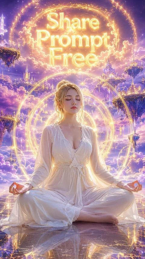 A pale-haired figure in white robes sits cross-legged among glowing golden rings beneath luminous lettering.