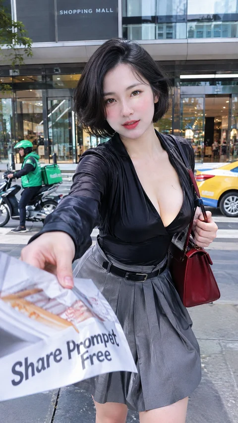 A woman in a black blouse and gray skirt offers a printed sheet toward the camera outside a shopping center.