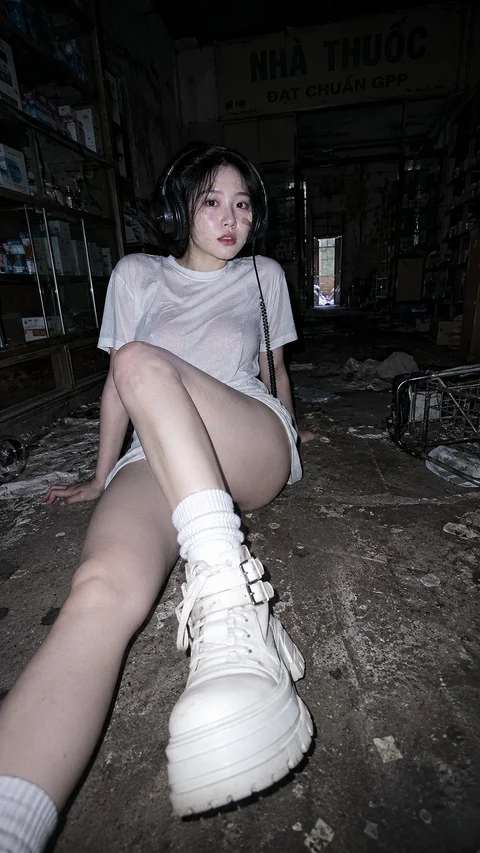 A seated figure in a light T-shirt extends a white high-top sneaker toward the camera inside a dark, worn room.