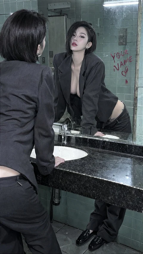 A woman in a dark suit leans toward a bathroom mirror above a black counter.