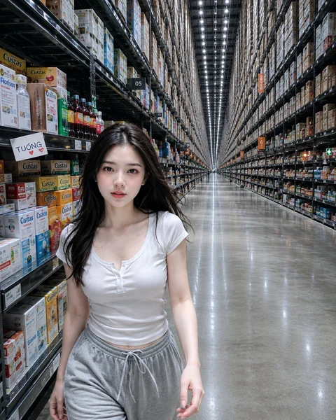 A woman in a white top and silver-gray shorts walks between extremely tall, densely stocked store shelves.