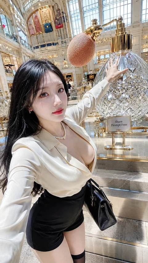 A woman in a white blouse and black skirt extends one arm toward the camera inside a grand glass-roofed hall.