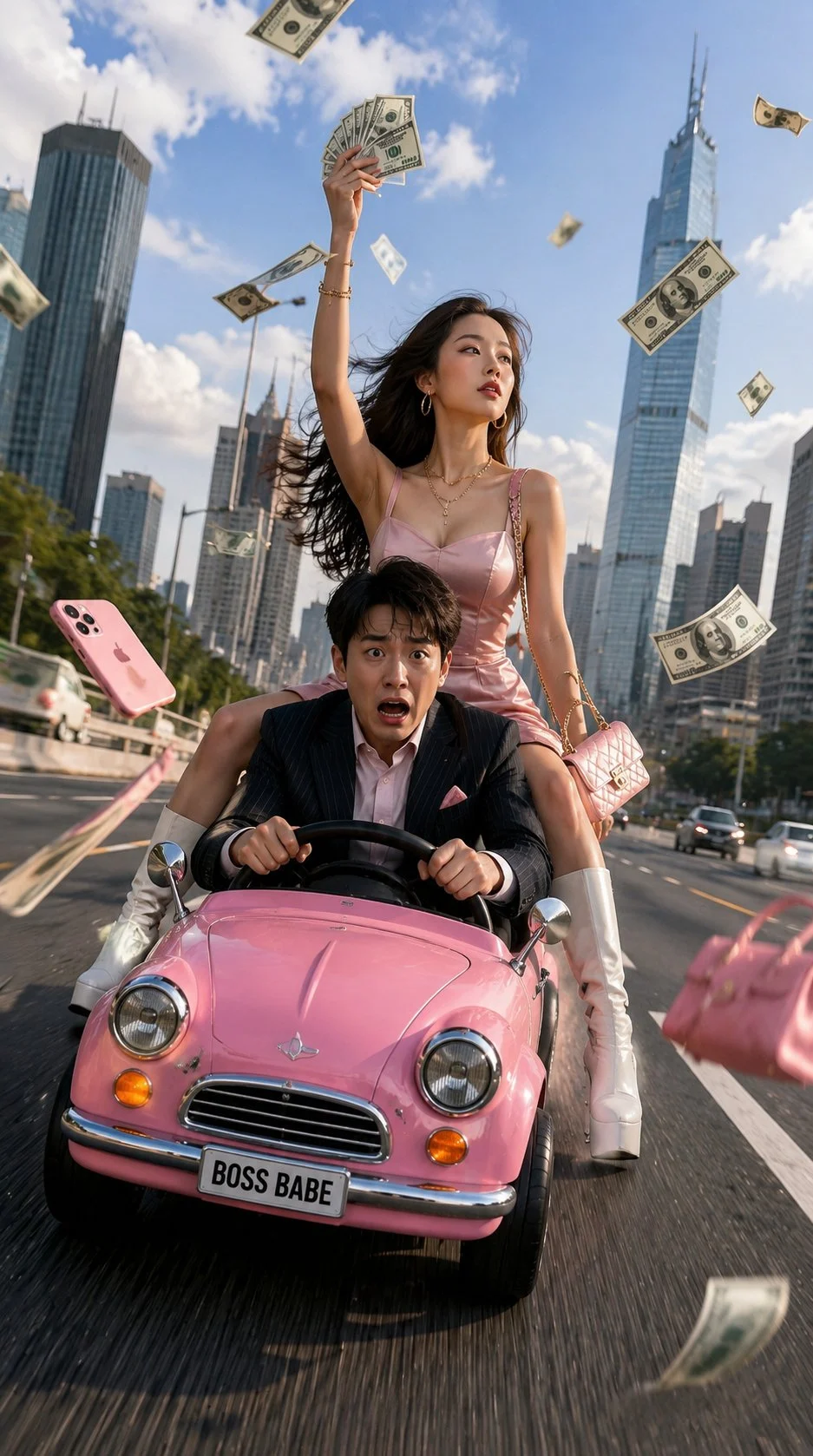 A woman sits above a man driving a small pink car as banknotes float against a city skyline.