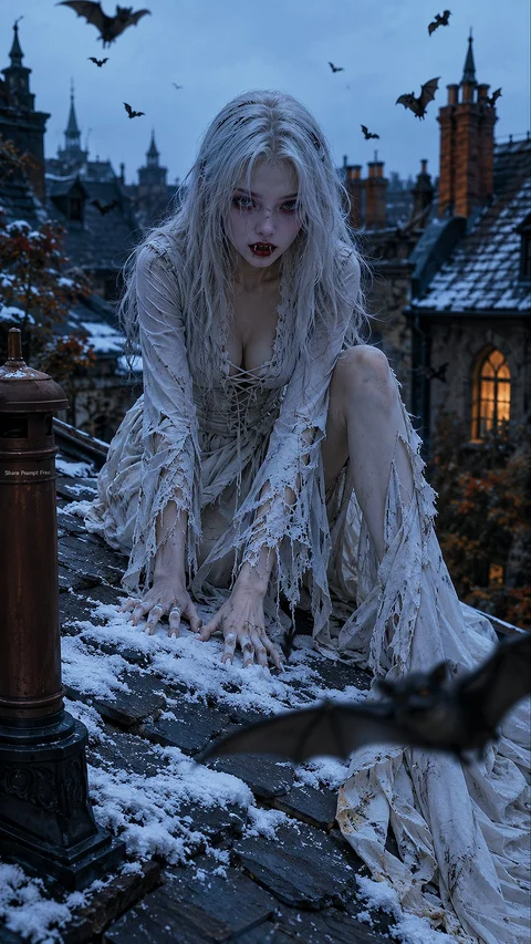 A pale-haired winged figure crouches on a snow-covered rooftop above a dark town with flying bats.