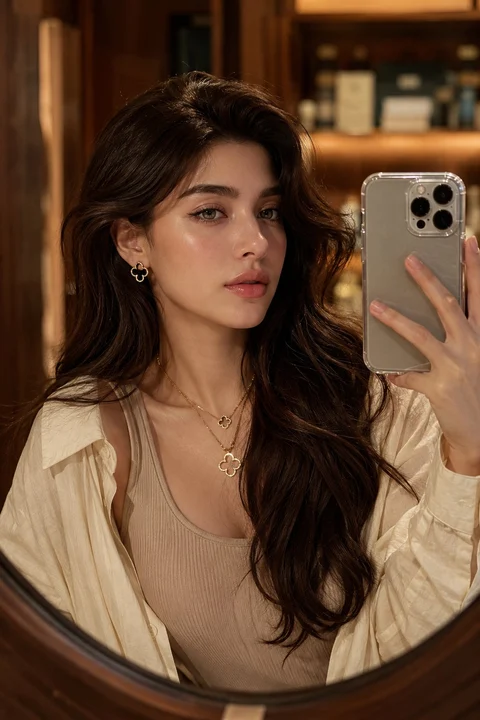 A dark-haired woman in a beige top and light outer layer holds a phone before a round mirror in a warm interior.