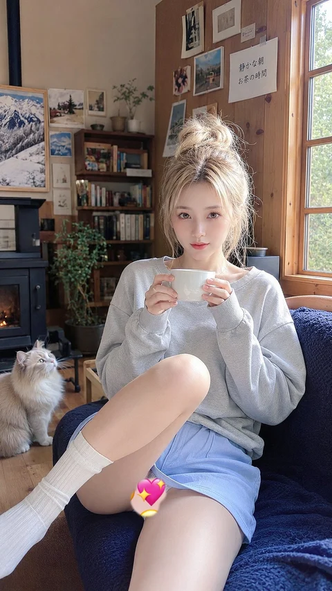 A person with light hair holds a cup while seated in a blue chair beside a small white cat and bookshelves.